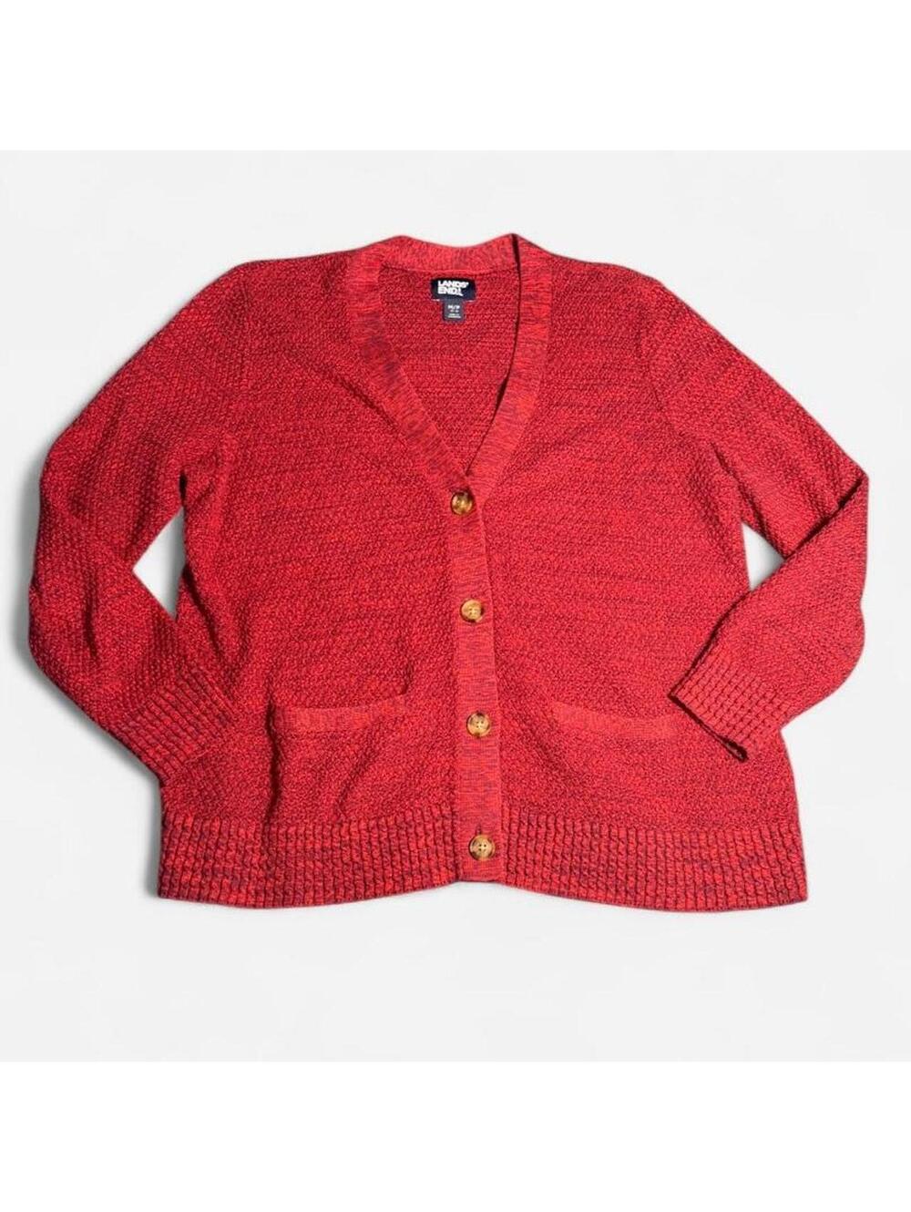 Lands’ End Petite Medium Red Knit Cardigan Button Front Pockets